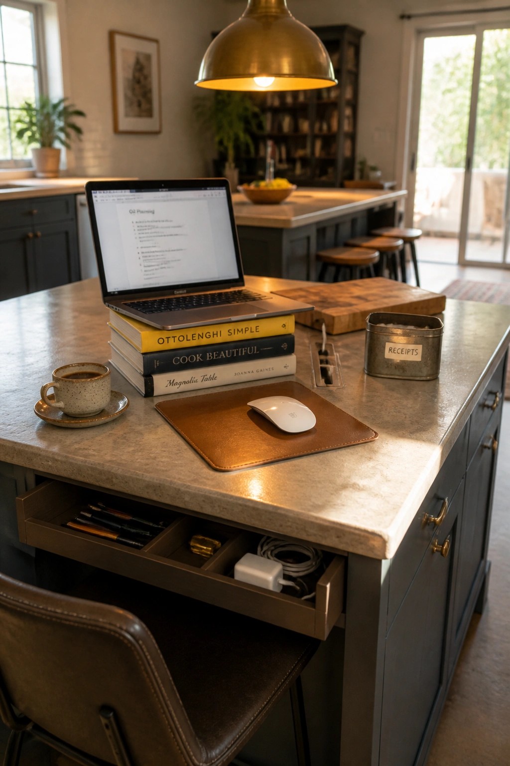 A laptop rests on stacked books atop a kitchen island, with an open drawer holding pens and cables beside a white mouse on a brown pad.