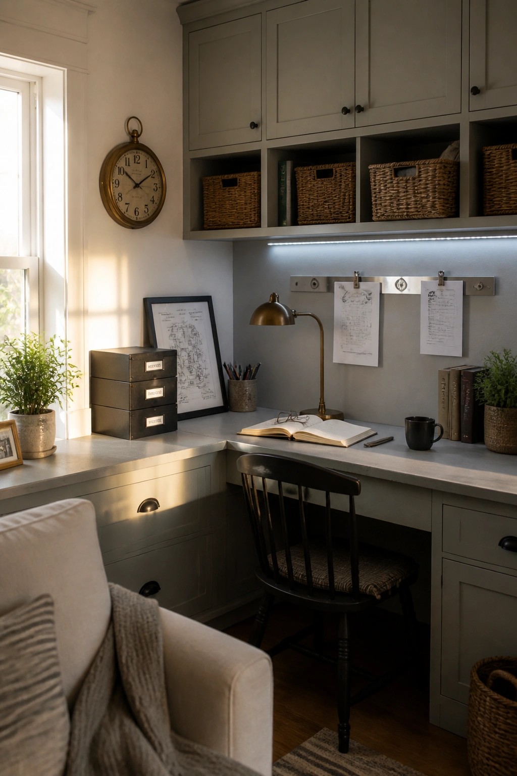 A corner home office with a built-in desk, gray cabinetry, open upper cubbies holding woven baskets, and an office chair pulled up to the workspace.