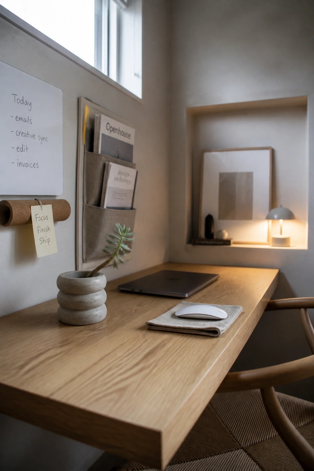 Minimalist wooden desk with laptop, mouse, succulent, whiteboard tasks, and fabric organizer.