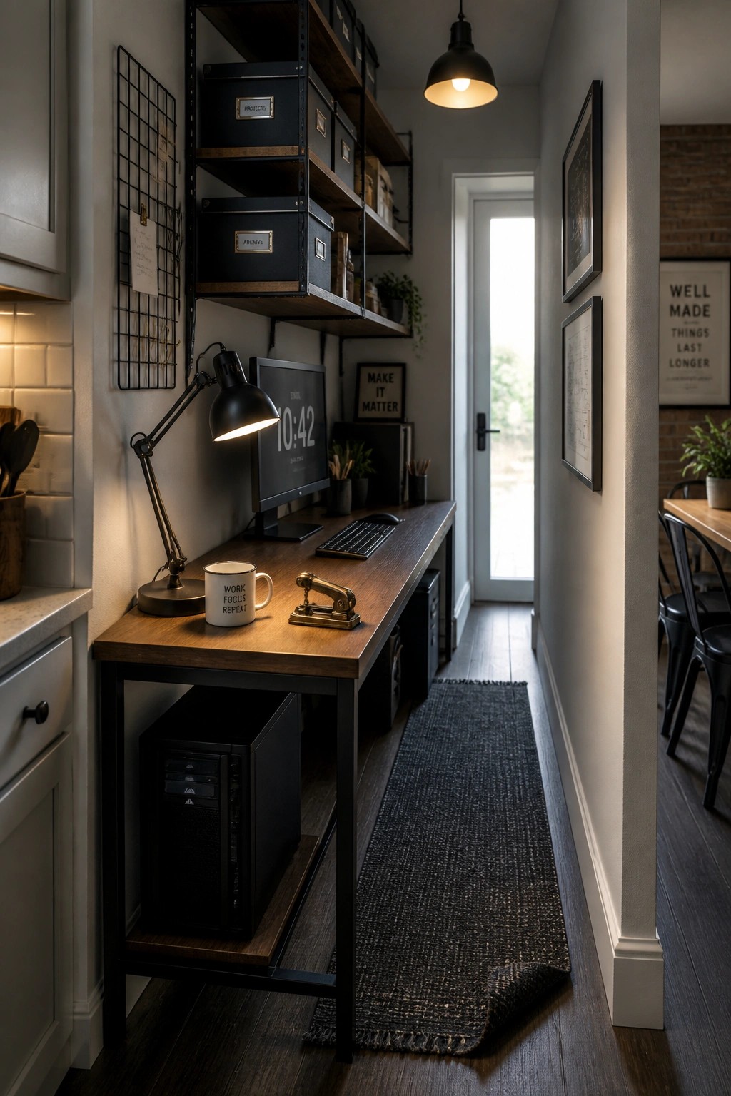 Narrow home office with wooden desk, computer, lamp, and black storage shelves