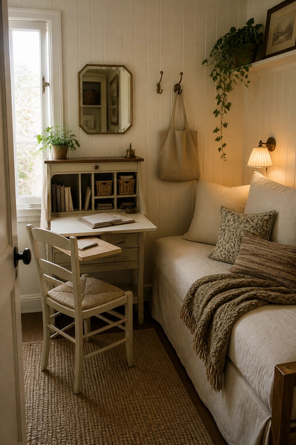 Cozy cottage nook with white desk, chair, beige sofa, woven rug, and plants.