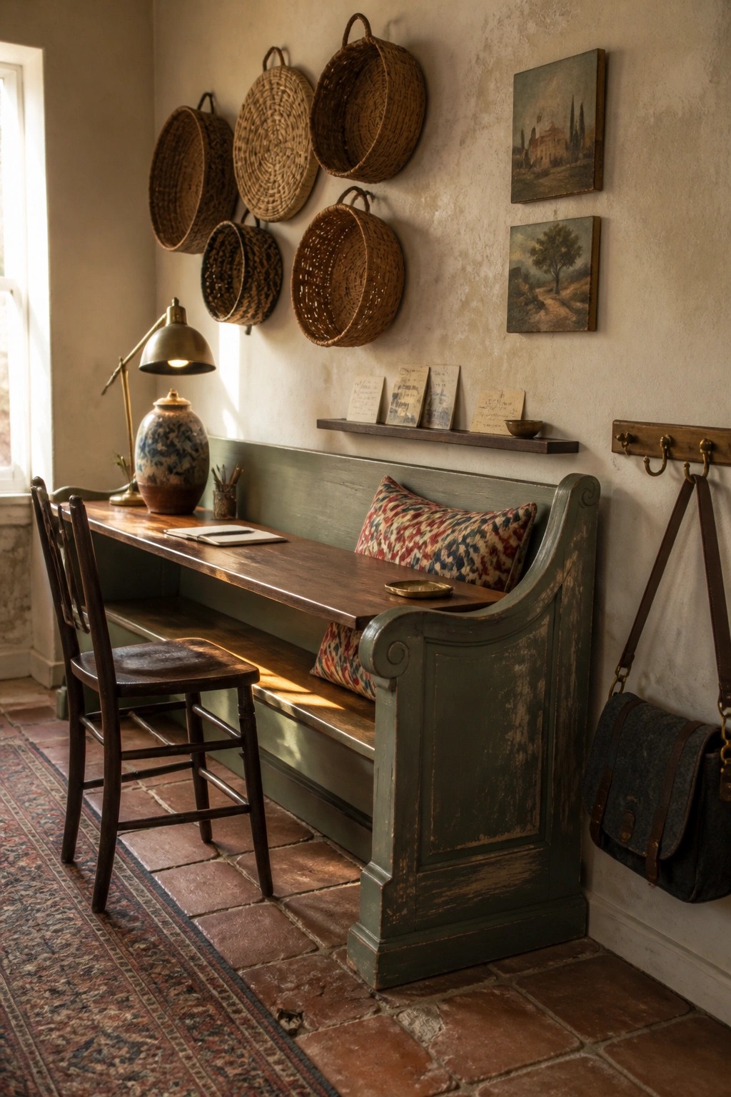A compact workspace with a wooden desk surface mounted on a green painted bench, two woven baskets on the wall above, and a wooden chair in front.