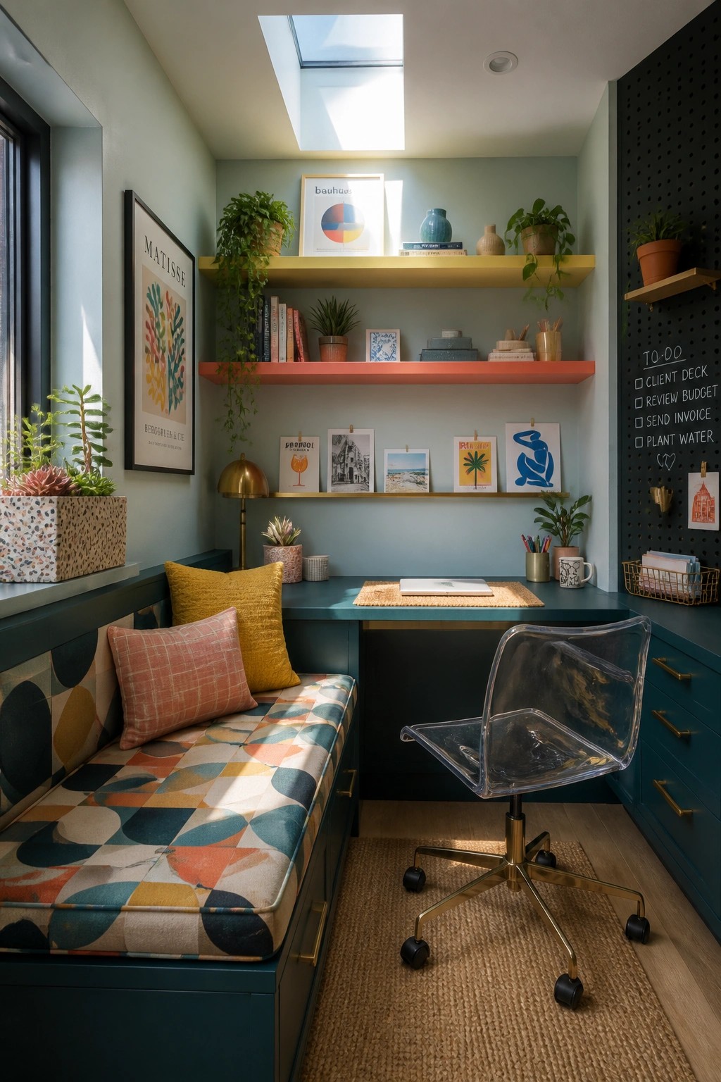 A compact home office with teal built-in desk and bench, colorful floating shelves, a pegboard wall organizer, and a clear rolling chair.