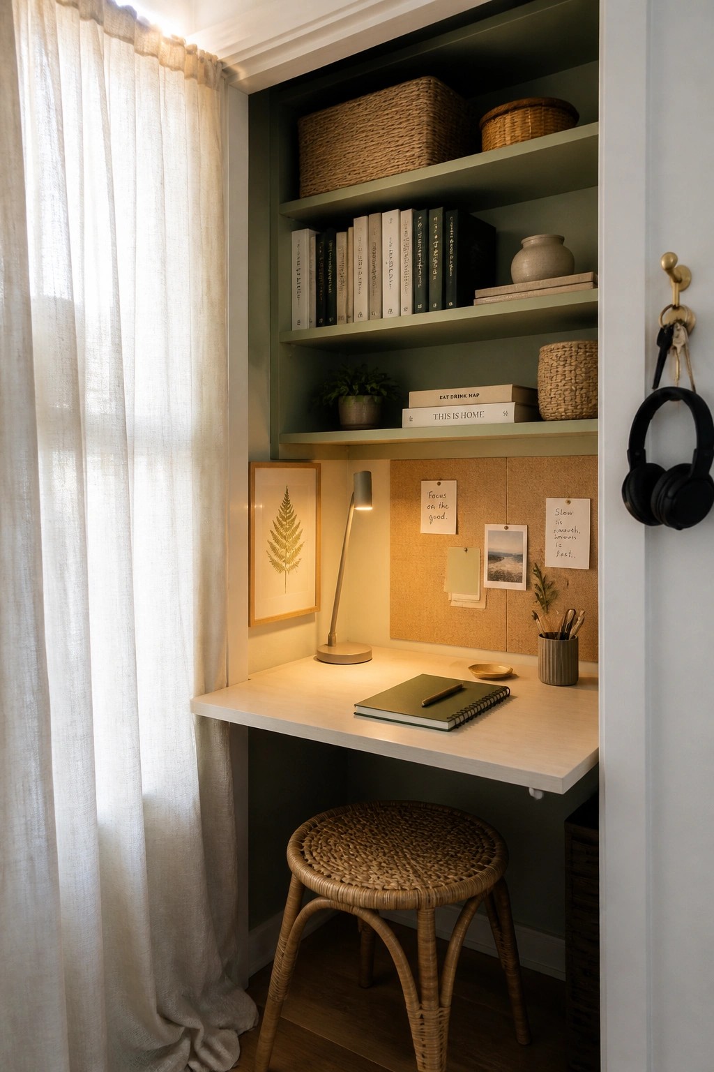 A small built-in desk nook with light wood desk, woven stool, green shelves holding books and baskets, corkboard with notes, and a desk lamp.