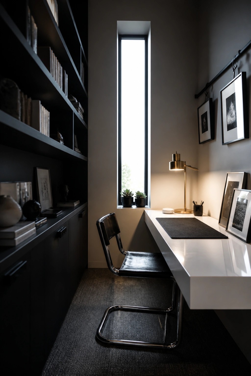 A narrow interior room with dark built-in shelves on the left wall, a white desk along the right, a black cantilever chair, and a tall vertical window at the far end.