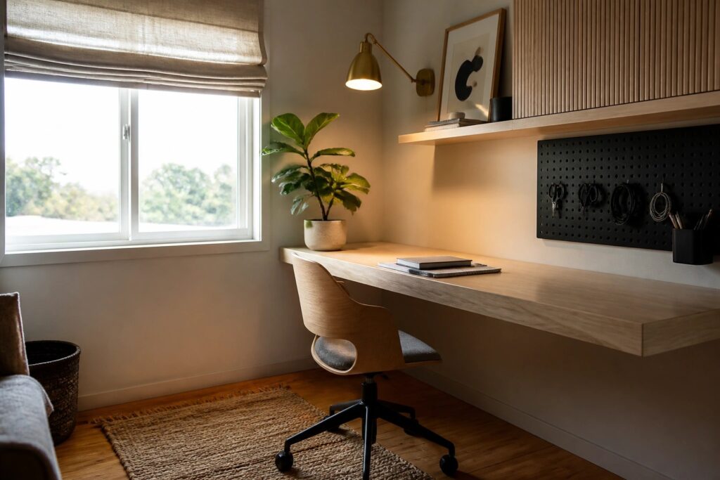 A small home office with a light wood desk under a window, a wooden chair on a woven rug, a potted plant, and a black pegboard mounted on the wall holding scissors and cords.
