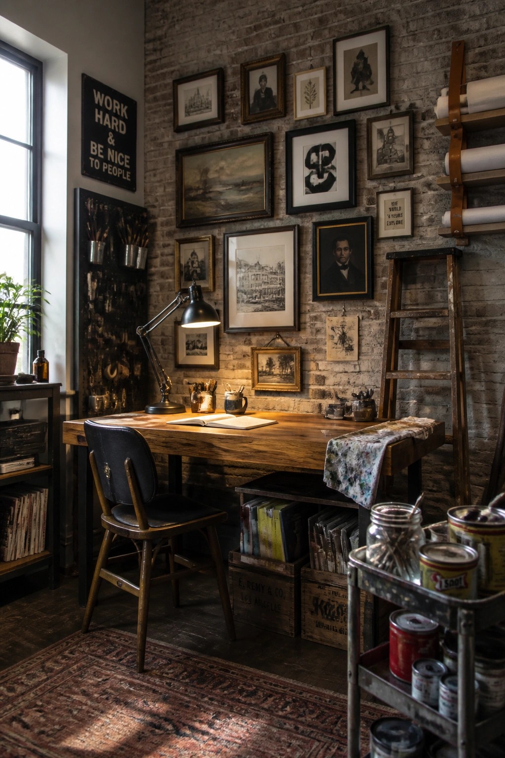 A small office interior showing a wooden desk with chair in front of an exposed brick wall covered in a gallery of framed pictures of varying sizes.