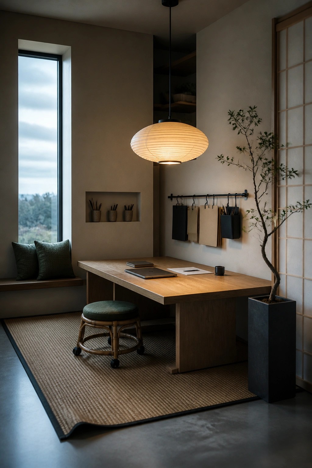 A minimalist home office shows a low wooden desk on a large woven mat, with a hanging paper lantern, wall niches, and a window seat with green cushions.