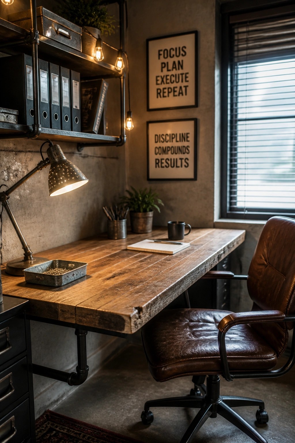 A small home office with a rustic wooden desk, brown leather chair, industrial pipe shelving, and two black-framed motivational prints on the concrete wall.