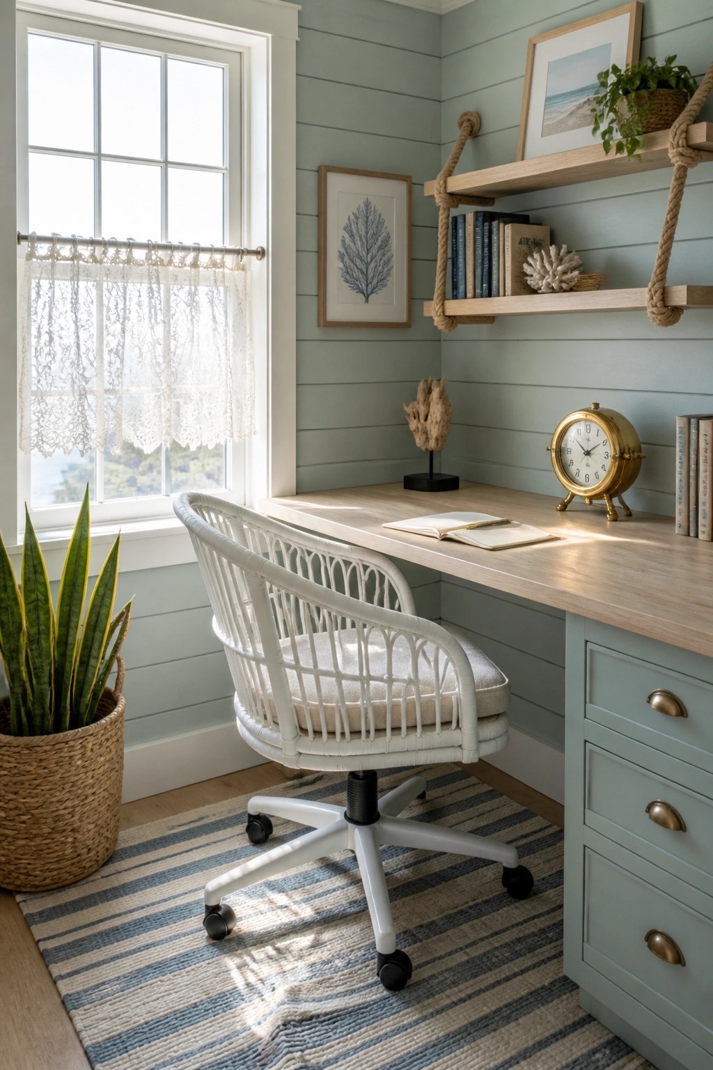 A small home office with a wooden desk, white woven chair on a striped rug, light blue walls, and two wooden shelves hung with thick rope holding books and coastal accents.