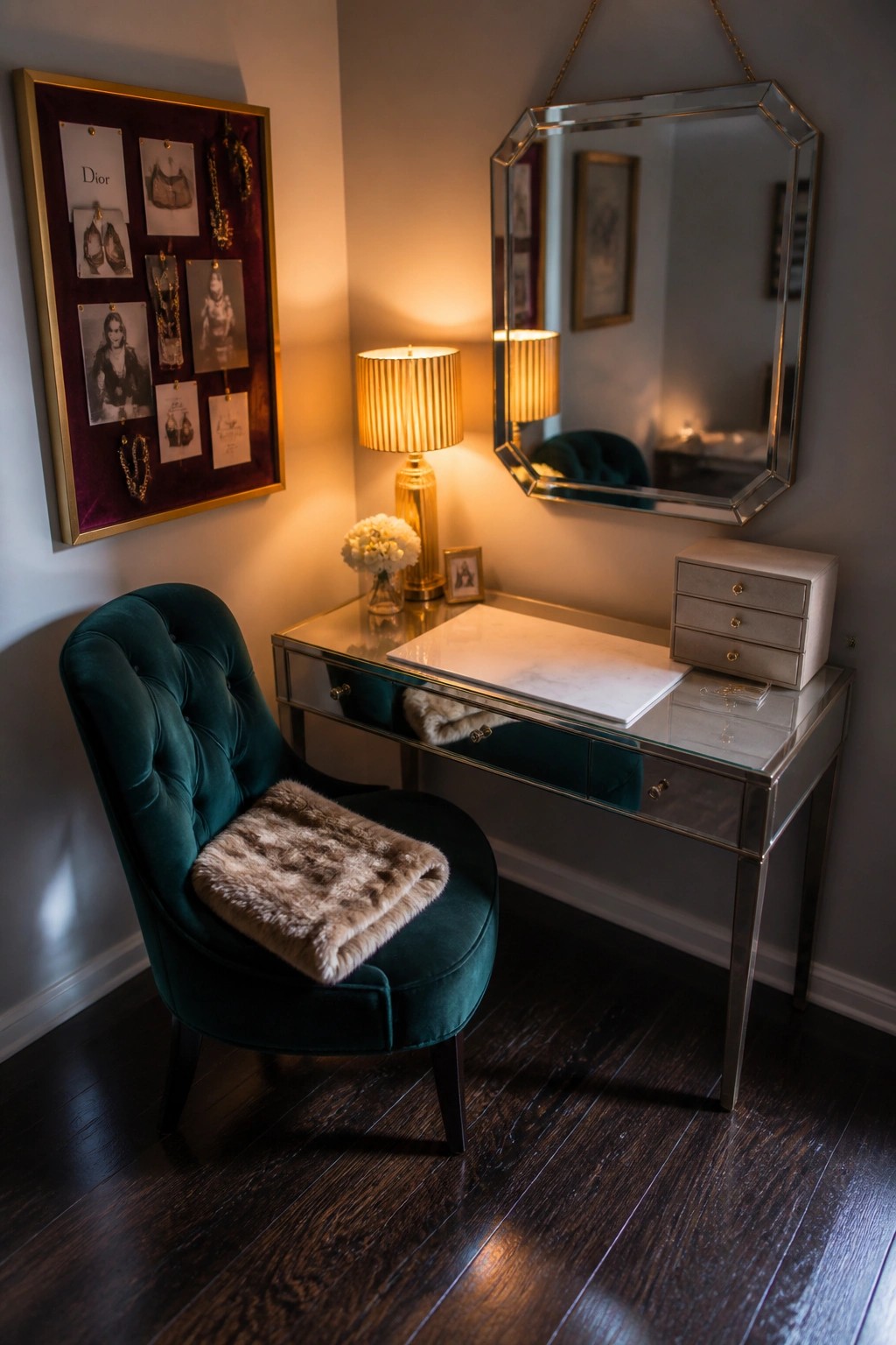 A green velvet chair with a fur throw sits at a mirrored vanity desk with a large octagonal mirror above it and a framed jewelry display on the adjacent wall.