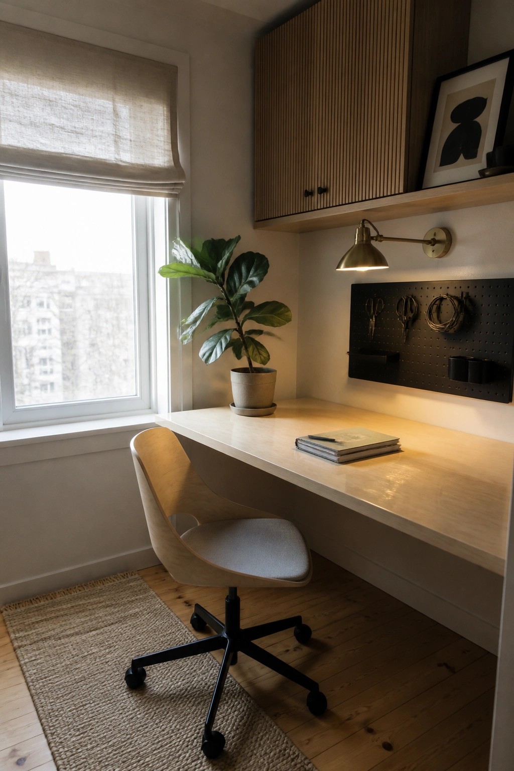 A small home office with a light wood desk under a window, a wooden chair on a woven rug, a potted plant, and a black pegboard mounted on the wall holding scissors and cords.