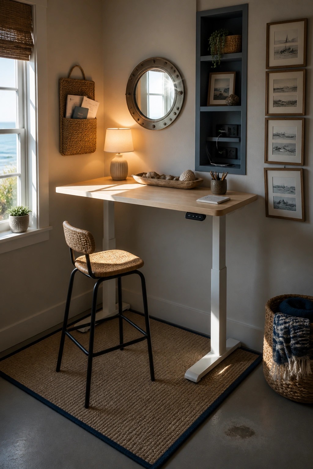 A compact home office corner with a light wood standing desk, woven seat stool, round porthole mirror, built-in wall shelves, and a jute rug on the floor.