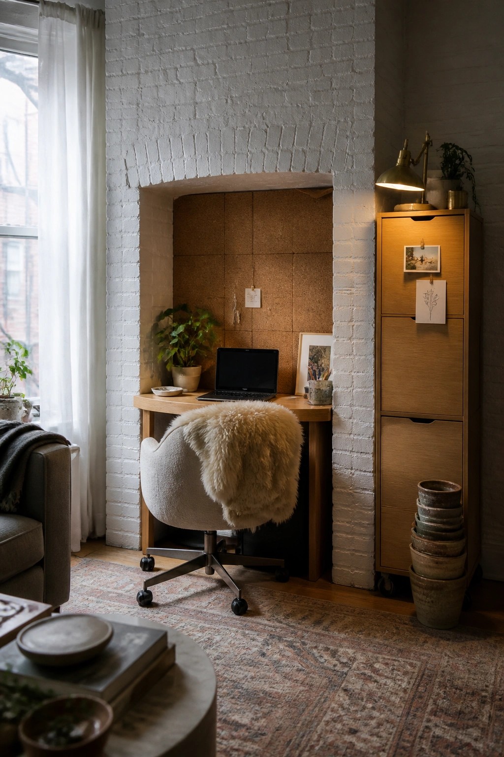 A home office with a wooden desk in a brick alcove, a rolling chair with a fur throw, and a tall wooden cabinet with drawers and a lit lamp on top.