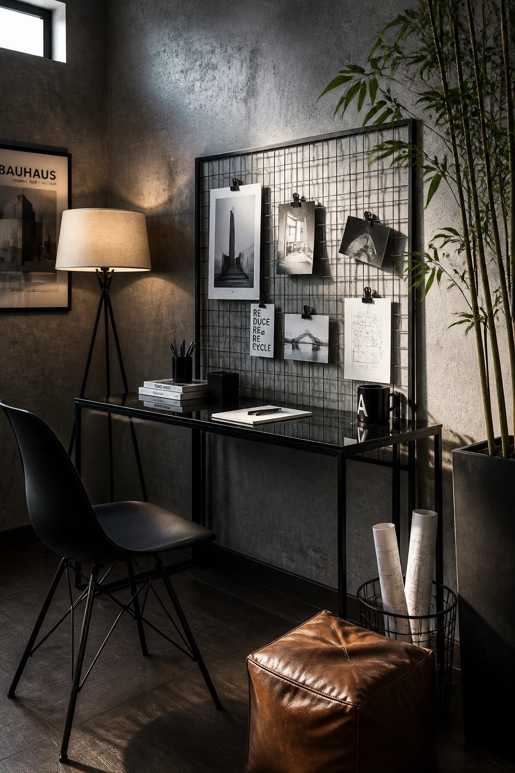 A home office scene with a black wire grid panel on a gray wall holding several clipped black and white prints, a black desk with chair in front, and a large potted plant to the side.