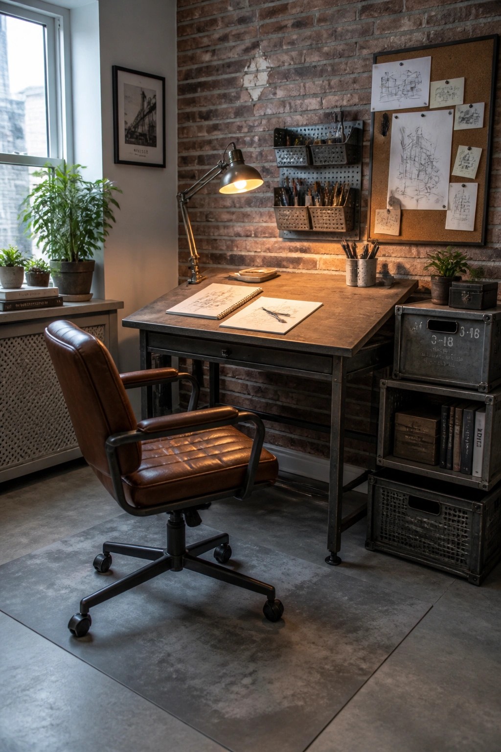 Rustic industrial office with leather chair, wooden desk, brick wall, and lit lamp.