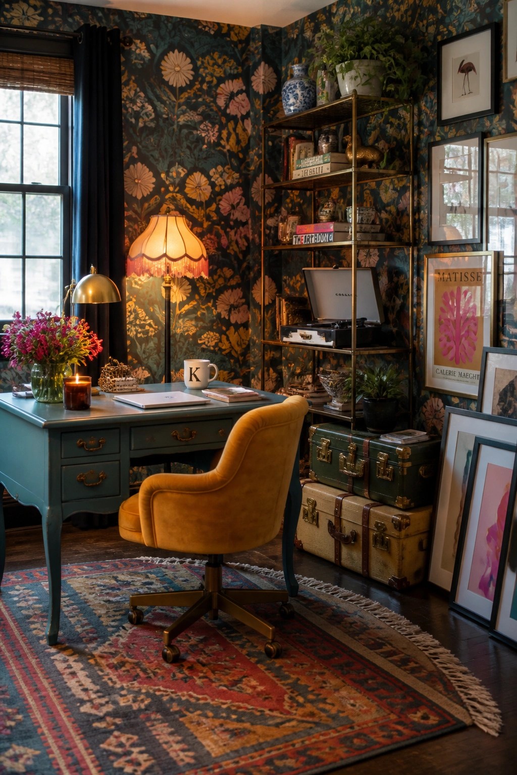 Cozy home office with teal desk, yellow velvet chair, floral wallpaper, and gold shelves.