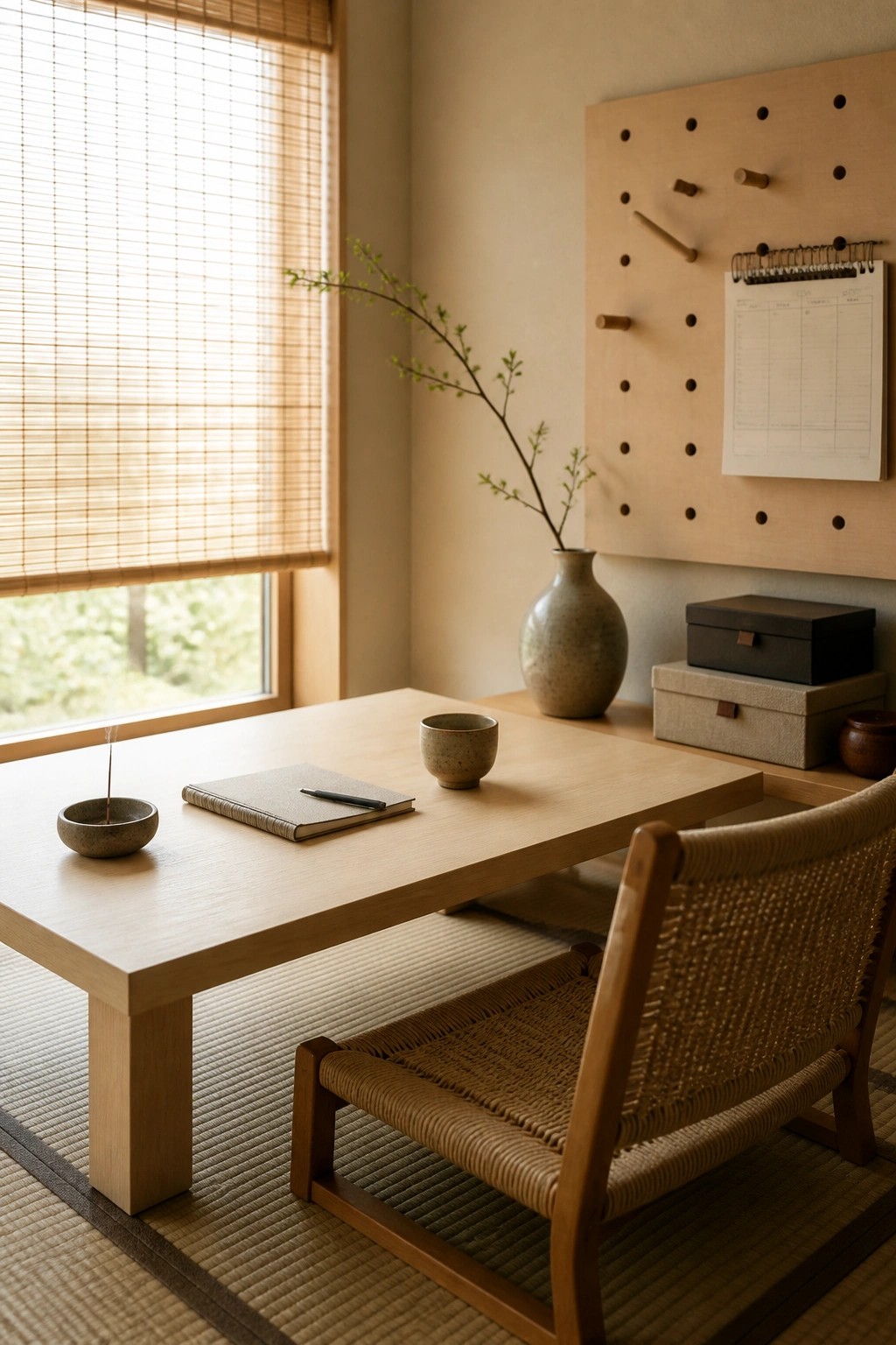 Low wooden table with notebook and incense beside woven chair on tatami mats