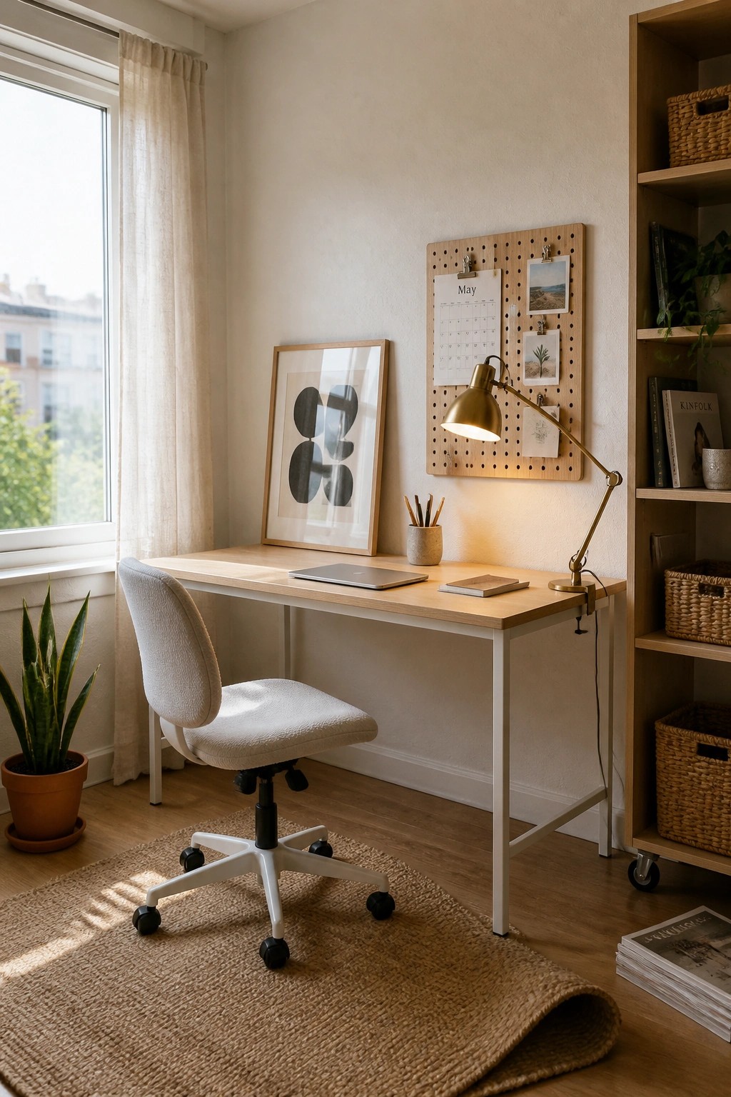 Minimalist wooden desk with white chair, brass lamp, pegboard, and potted plant in sunlit room