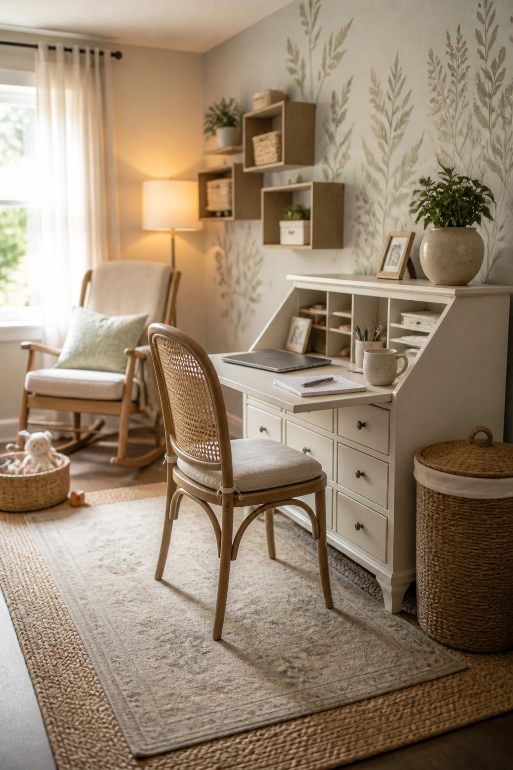 A white drop-front desk with open cubbies sits against a wall in a home office, with a cane-back chair pulled up to it.