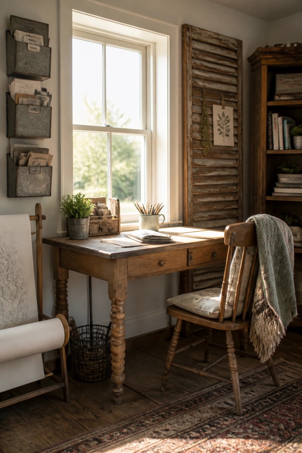 A rustic wooden desk sits under a bright window with metal wall-mounted storage bins holding papers to the left and a wooden chair with a blanket draped over it.