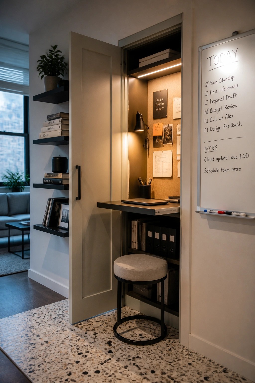 A compact office nook hidden inside a cabinet with a fold-down desk, round stool, corkboard, and whiteboard mounted on the adjacent wall.