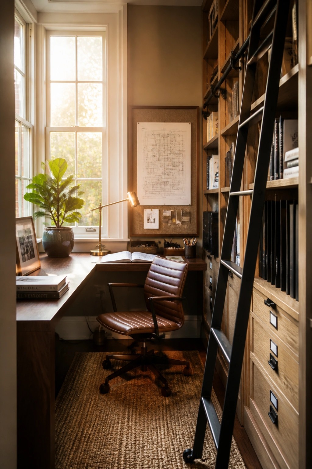 A home office with a wooden desk under a window, a brown leather chair on a rug, tall built-in bookshelves with a black rolling ladder, and a framed blueprint on the wall.