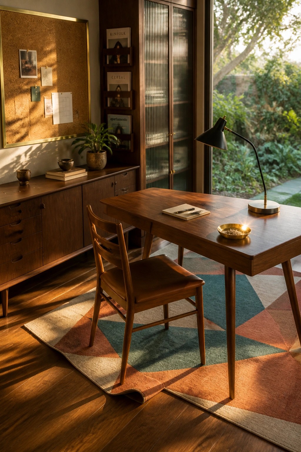 A wooden desk and chair rest on a geometric rug in a home office with a dark wood storage cabinet and corkboard on the wall nearby.