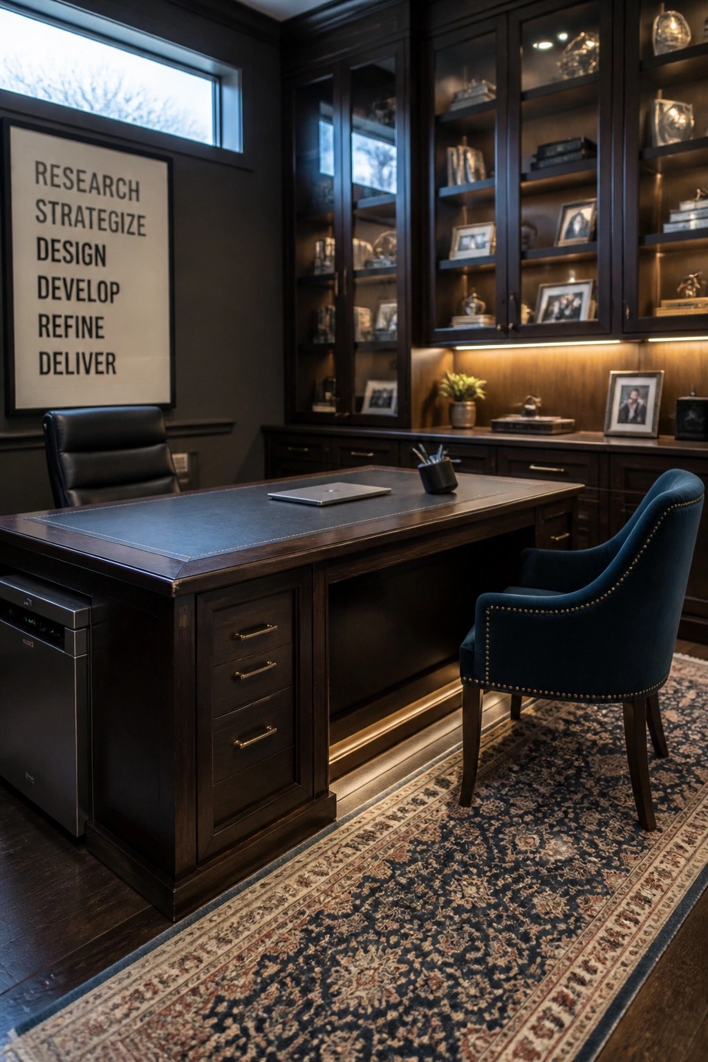 A home office featuring a large wooden desk positioned in front of dark built-in cabinets with glass doors and interior lighting.