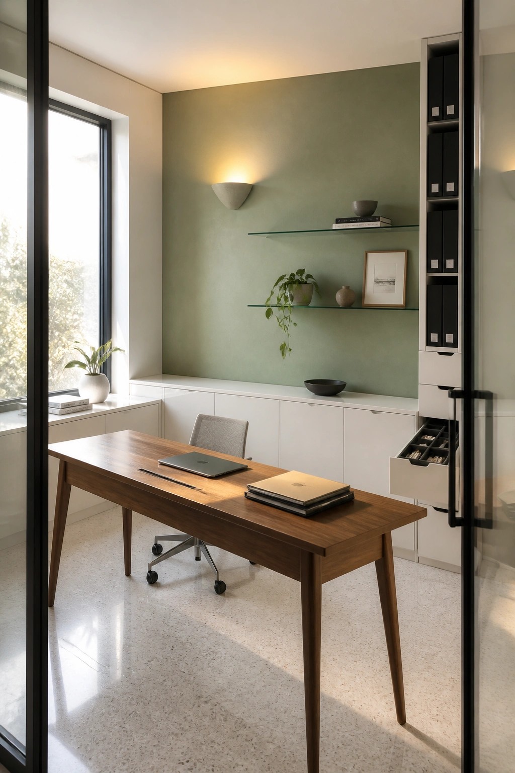 A home office with a wooden desk in front of white built-in cabinets, a sage green wall with floating glass shelves, and a large window on the left.