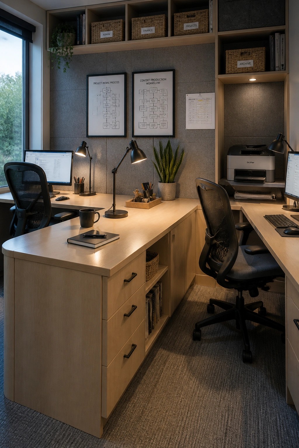 A modern home office with a long light wood desk, two black ergonomic chairs, built-in wall shelving with labeled baskets, two computer monitors, and framed workflow charts on a gray wall.