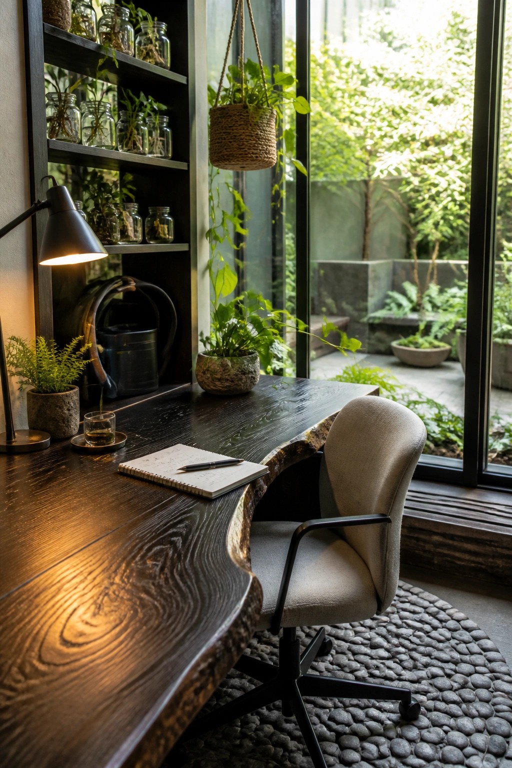 A home office featuring a dark wood live-edge desk, gray upholstered office chair on a pebble rug, and built-in dark shelves holding glass jars and plants next to a large window.