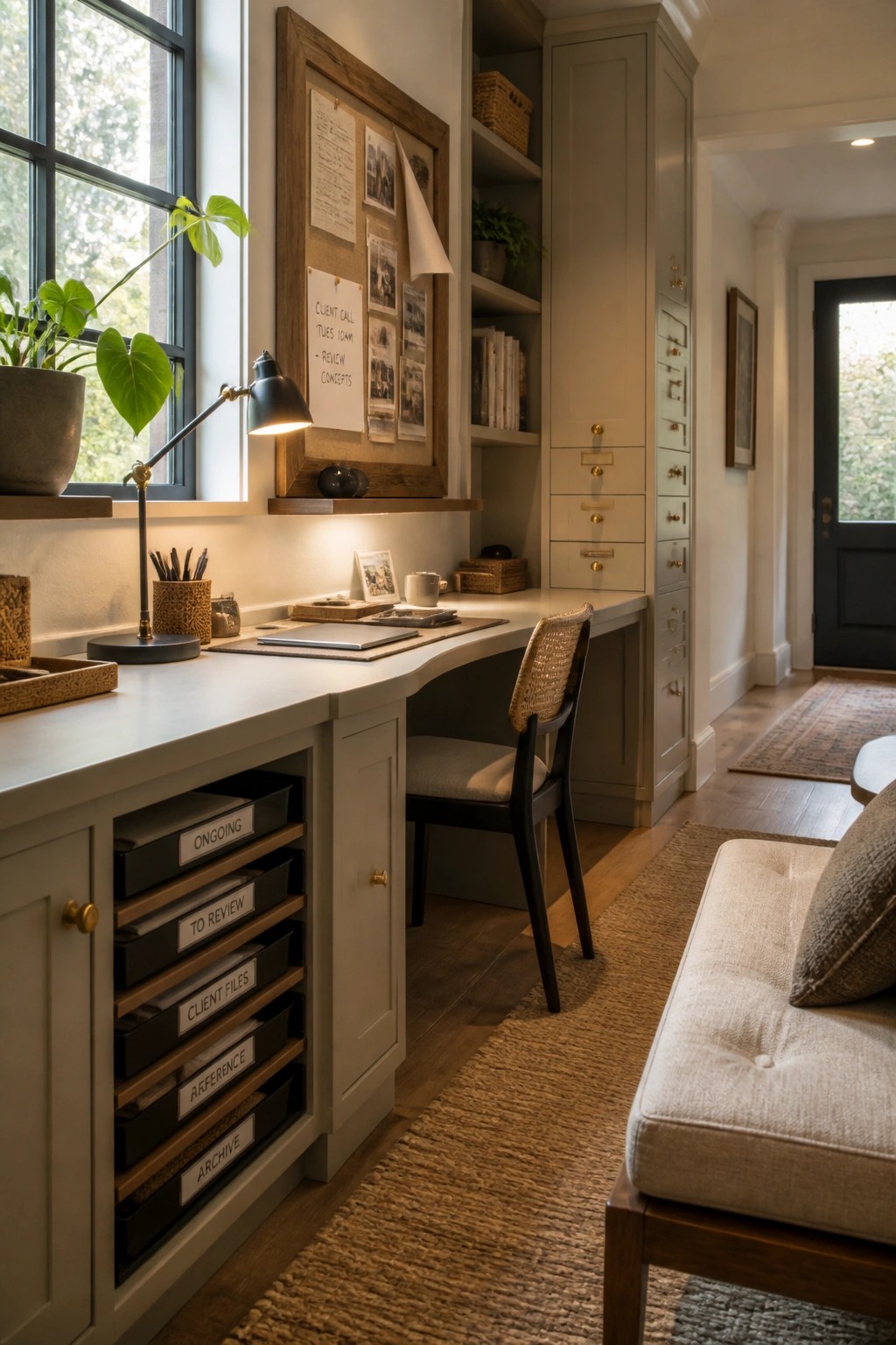 A home office with a built-in desk, labeled filing trays, open shelving, and a chair facing the desk.