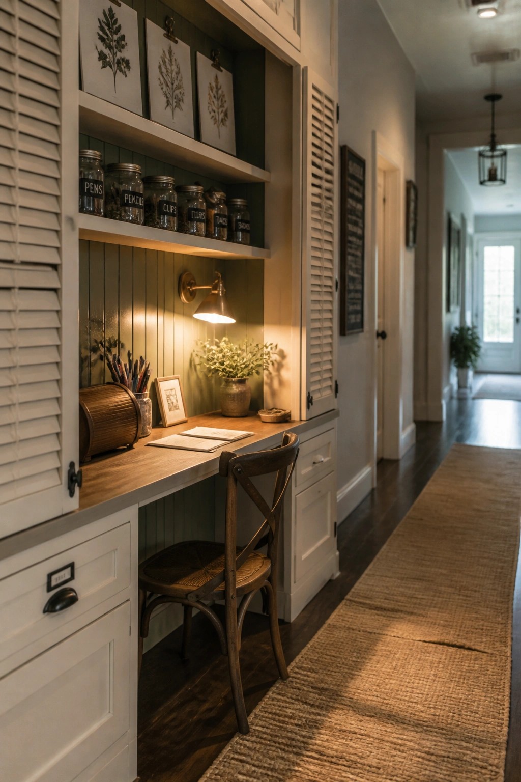 A built-in desk nook in a hallway with open shelves holding labeled glass jars, a wooden desk surface, and a wooden chair.