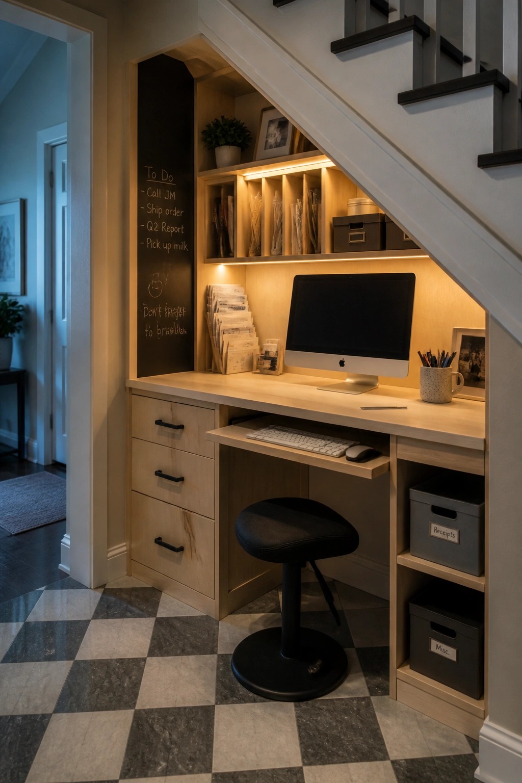 A built-in light wood desk with computer, keyboard tray, drawers, and shelves fitted under a staircase, including a black chalkboard panel on the left wall and a black stool.