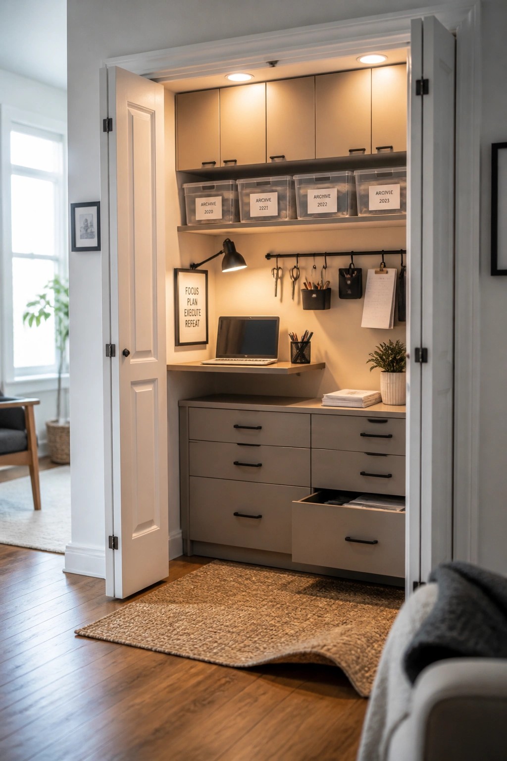 An open white closet converted into a home office with gray built-in drawers, upper cabinets, clear labeled archive bins on shelves, a laptop on a small desk surface, and hooks holding office tools.