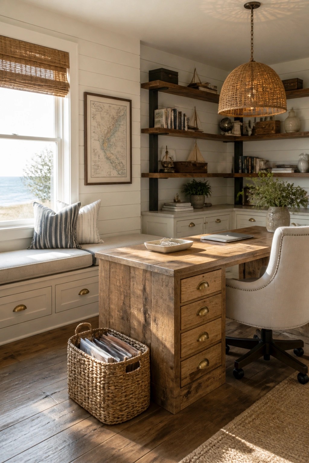 A wooden desk with multiple drawers sits in a home office with floating shelves above, a woven basket holding files on the floor, and a cushioned window seat to the left.