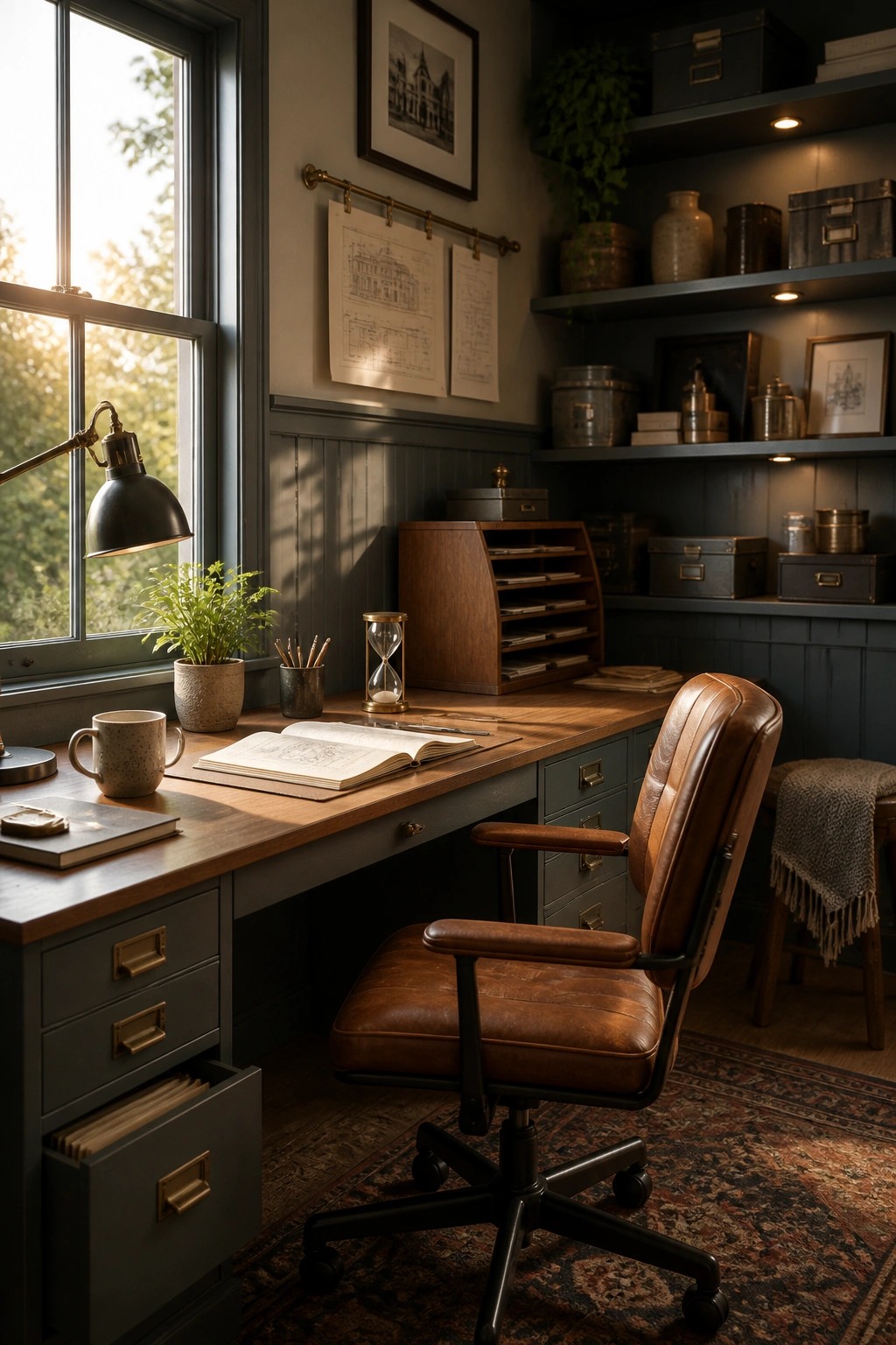 Cozy home office with wooden desk, brown leather chair, and sunlit window.
