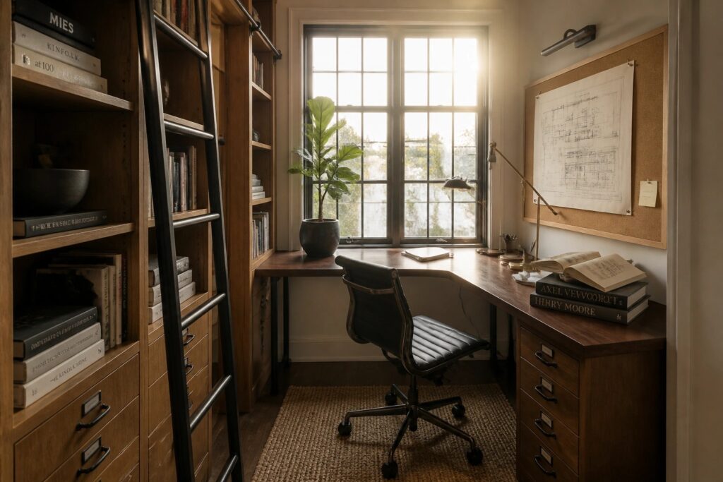 A home office with a wooden desk under a window, a brown leather chair on a rug, tall built-in bookshelves with a black rolling ladder, and a framed blueprint on the wall.