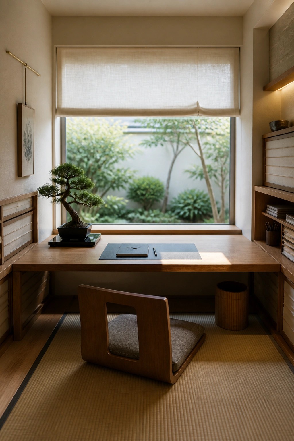 A low wooden desk with side storage units sits in front of a large window in a Japanese-style room with tatami flooring and a low wooden chair.