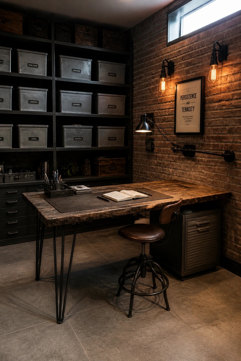 A home office featuring a wooden desk with a stool, dark metal shelving filled with gray labeled storage bins, and a brick wall with wall-mounted lights.