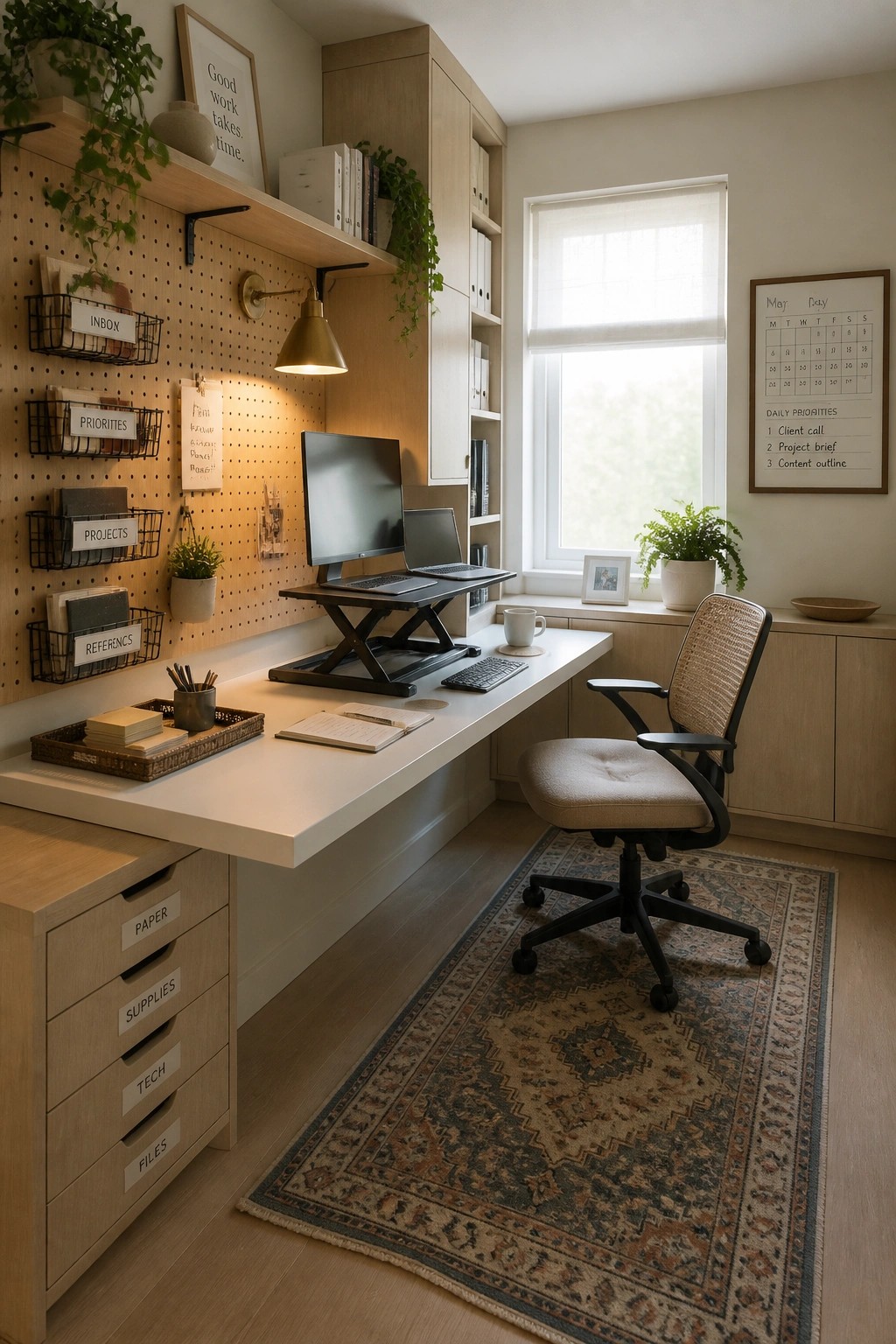 A home office featuring a long white desk against a wooden pegboard wall with wire baskets, a standing monitor, an office chair on a patterned rug, and a window with natural light.