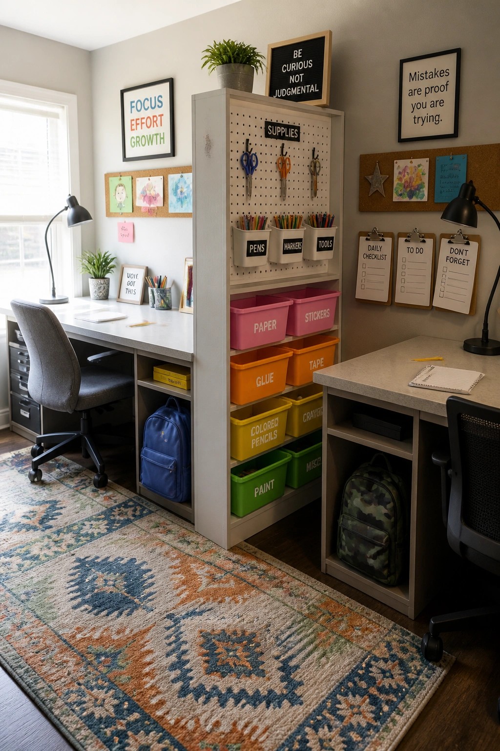 Organized kids' study area with pegboard, colorful supply bins, desks, and patterned rug.