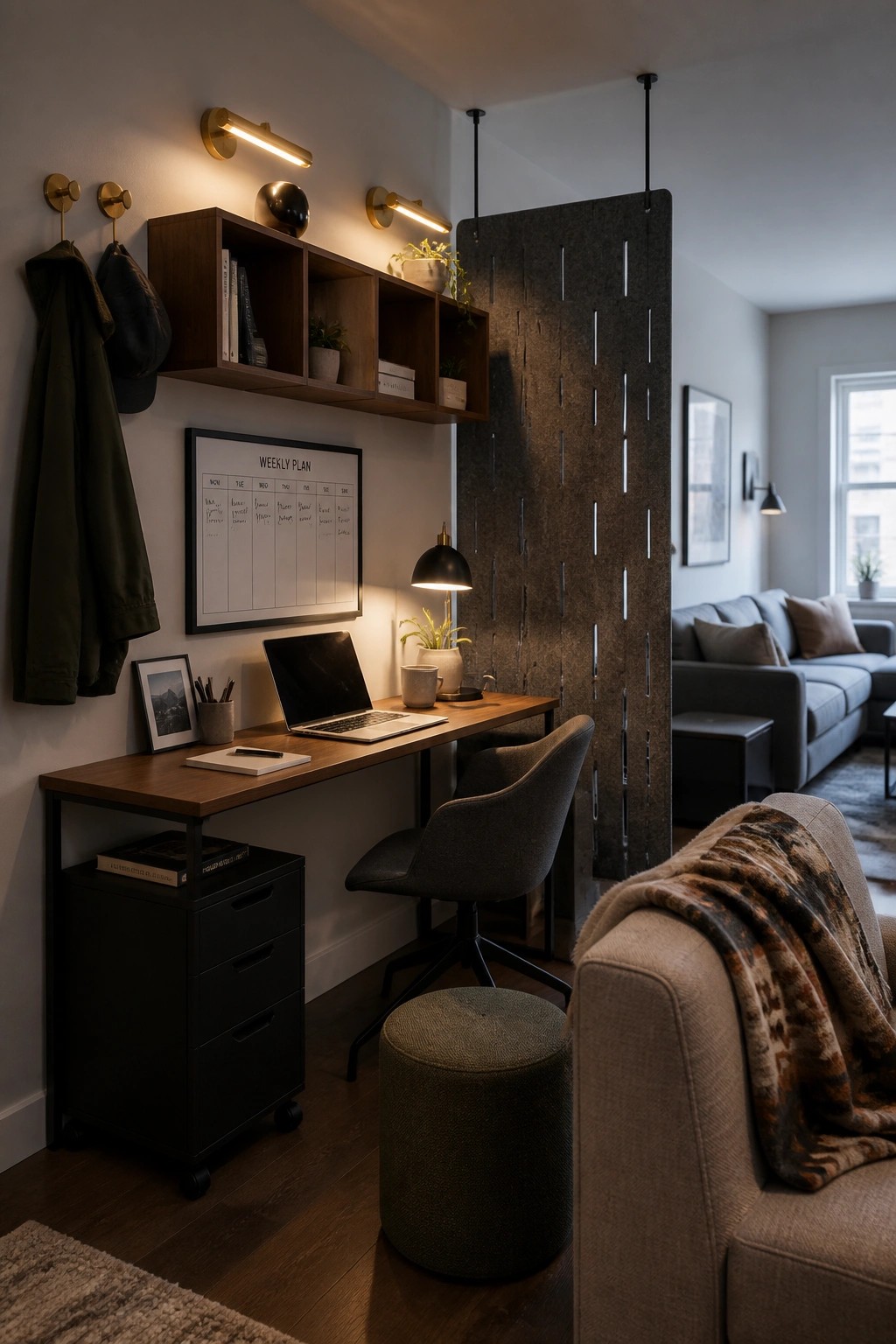 A compact home office desk with a laptop, gray upholstered chair, black rolling storage cabinet, and wall shelves, separated from a living room by a tall gray felt room divider.