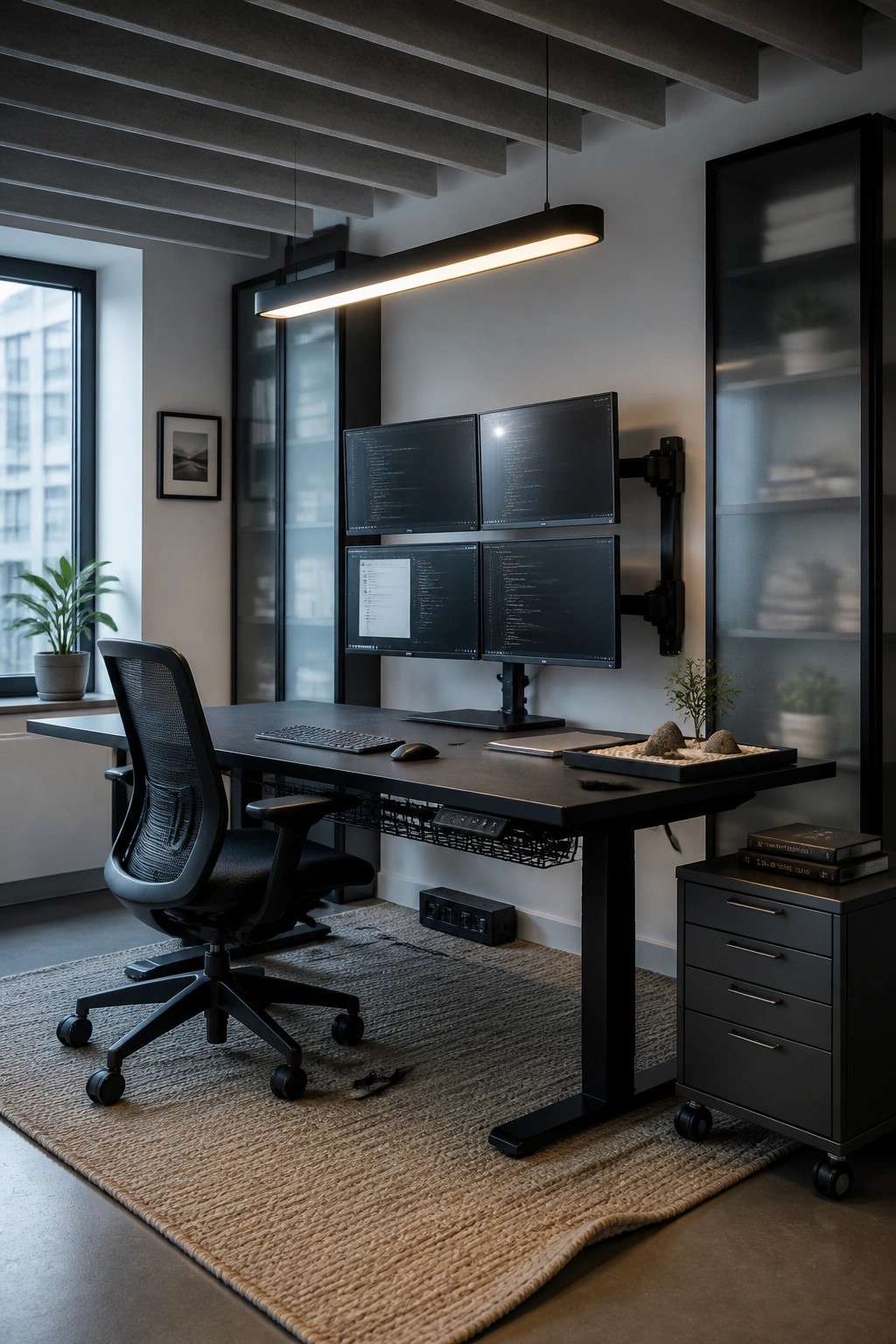 A home office with a black desk, four wall-mounted monitors above it, an ergonomic chair, and a rolling filing cabinet.