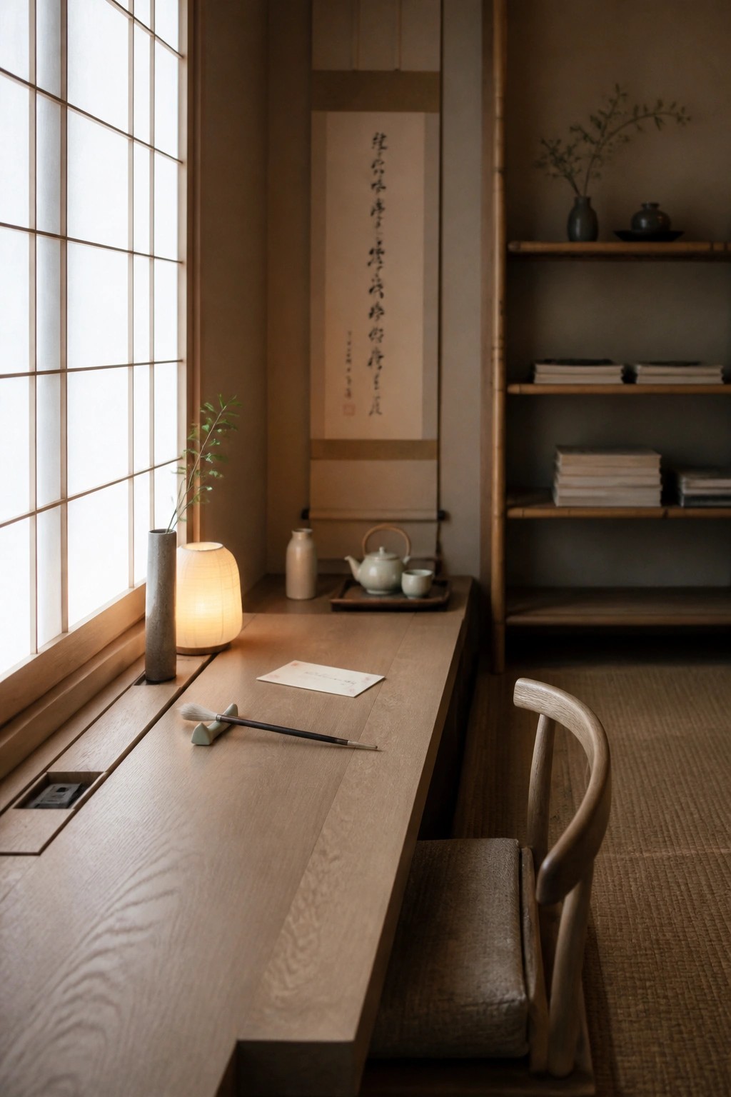 A long wooden desk with a calligraphy brush and paper sits beside a shoji screen window in a minimalist Japanese-style room.