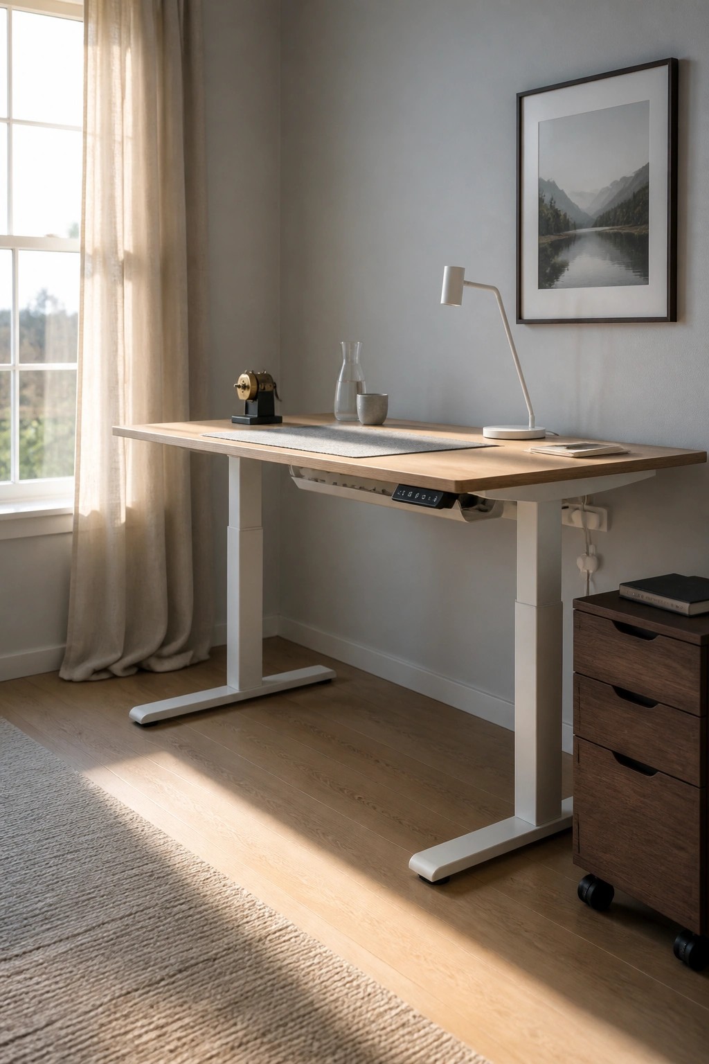 A minimalist height-adjustable desk with light wood top and white legs in a bright room, shown with a white desk lamp, water carafe, and a framed landscape photo above it.