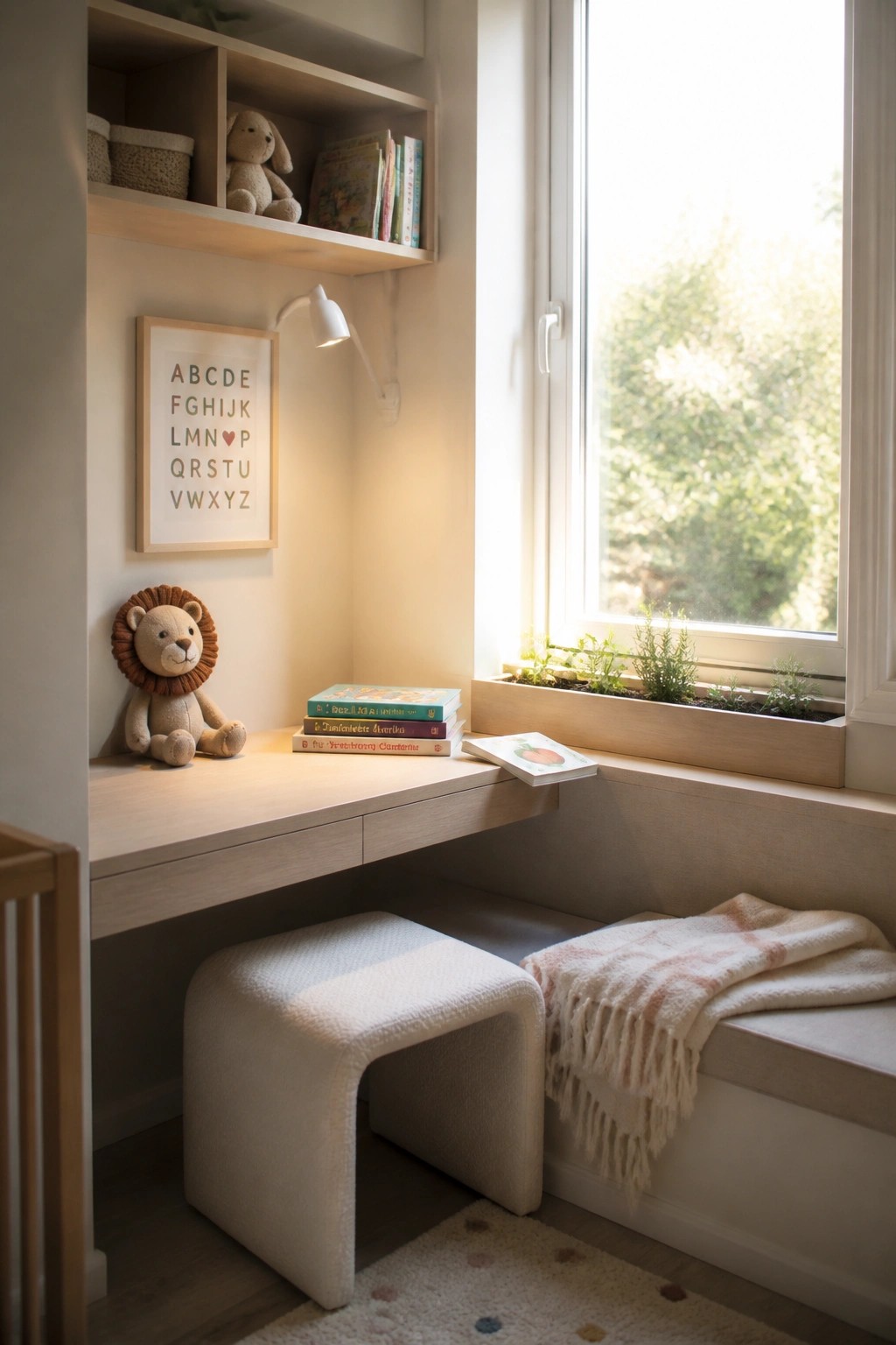 A light wood built-in desk under a window with books, a stuffed lion toy, a white stool, and an adjacent bench with a striped blanket.