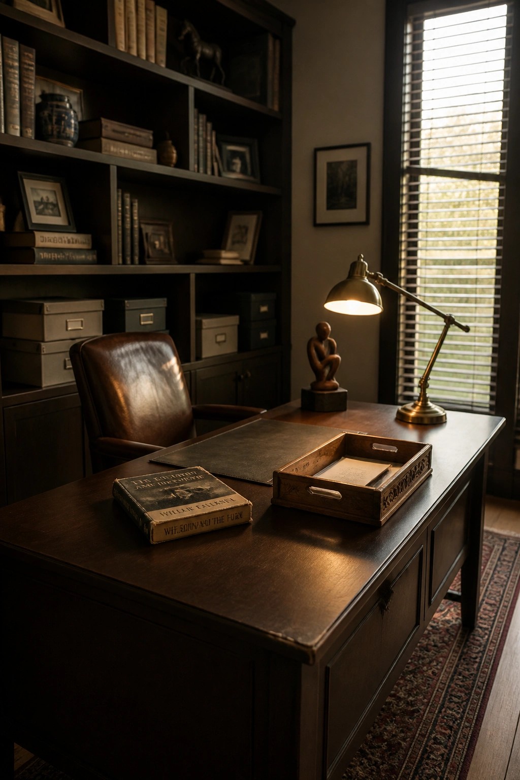A dark wooden desk in a home office with a leather chair, brass lamp, wooden tray, and one book on the surface, with bookshelves in the background.