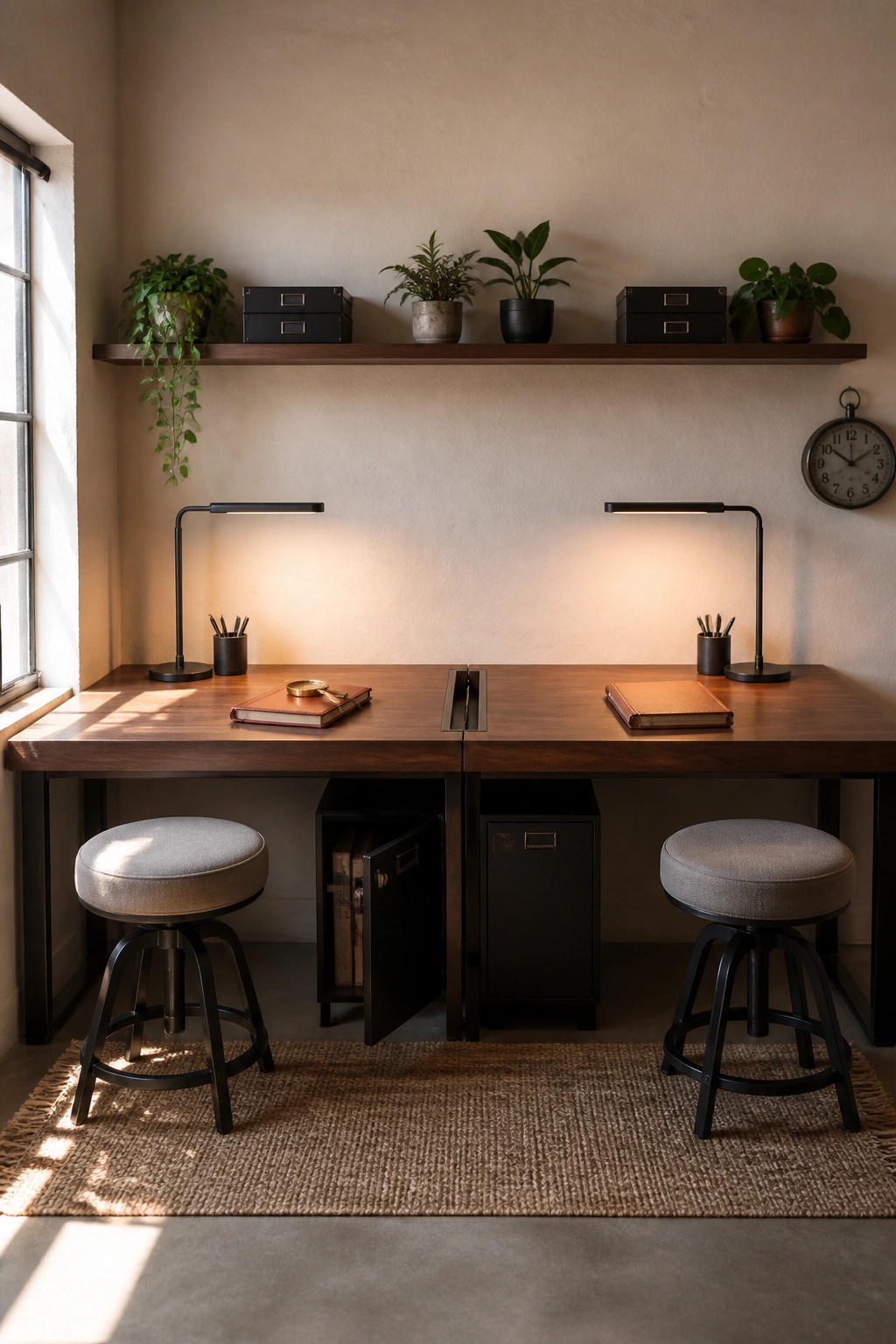 A minimalist indoor workspace featuring a long wooden desk with two black desk lamps, two upholstered stools, and black storage cabinets tucked underneath, one door open to show books, with a wooden shelf above holding plants and boxes.